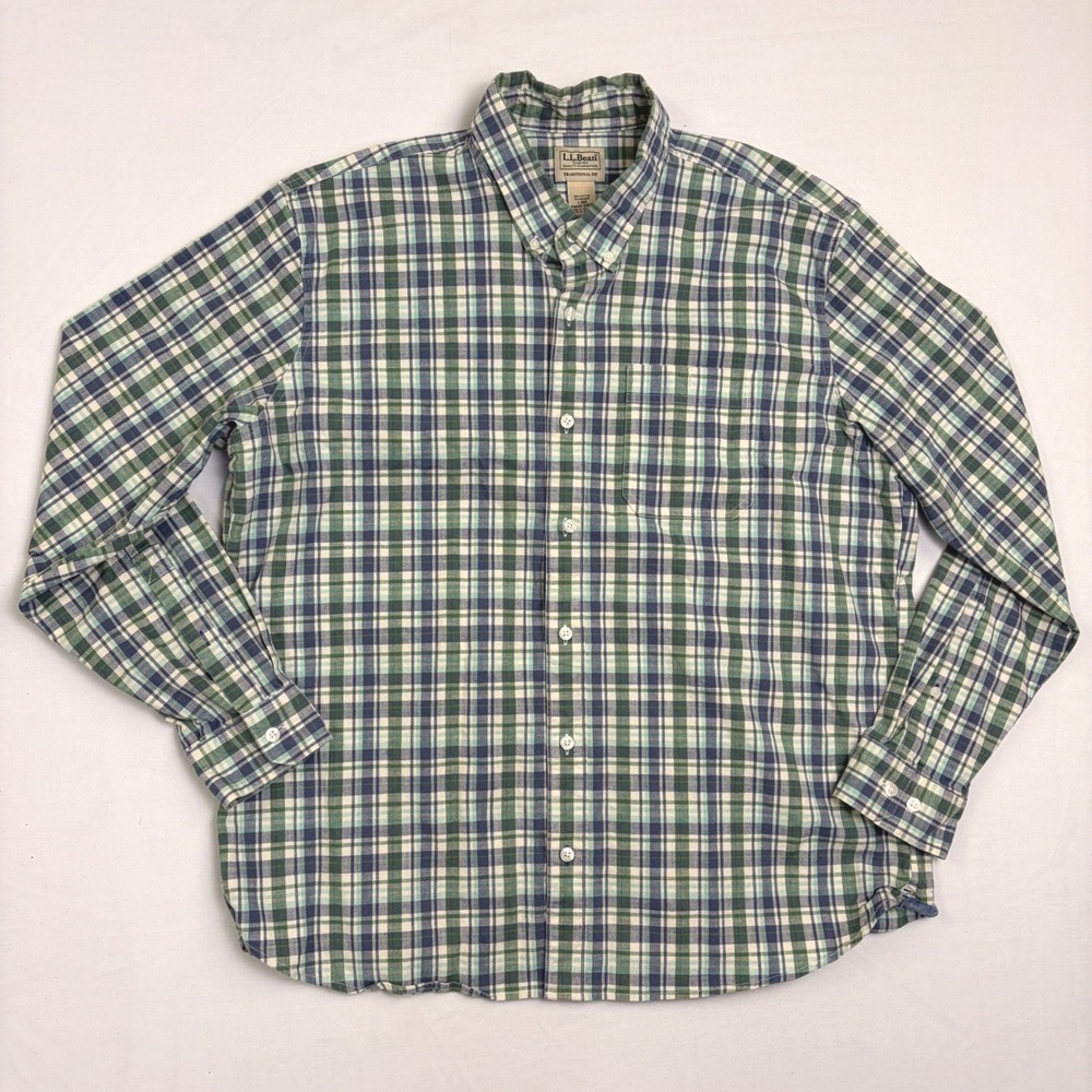 LL Bean Mens Traditional Fit Plaid Button Down Shirt Green Blue Large Reg